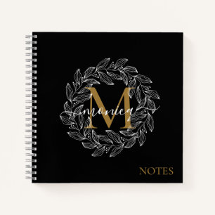 Carnet Élégante Fille Noire Florale Or Monogramme Nom
