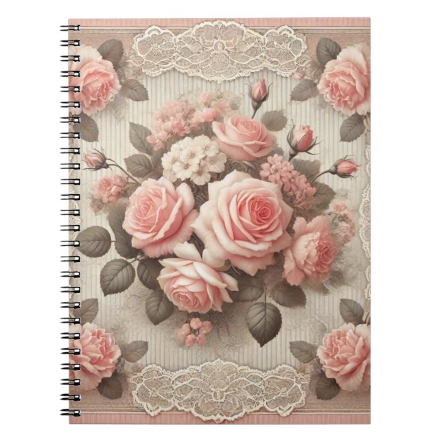 Carnet Élégante Florale rose Vintage avec dentelle (Devant)