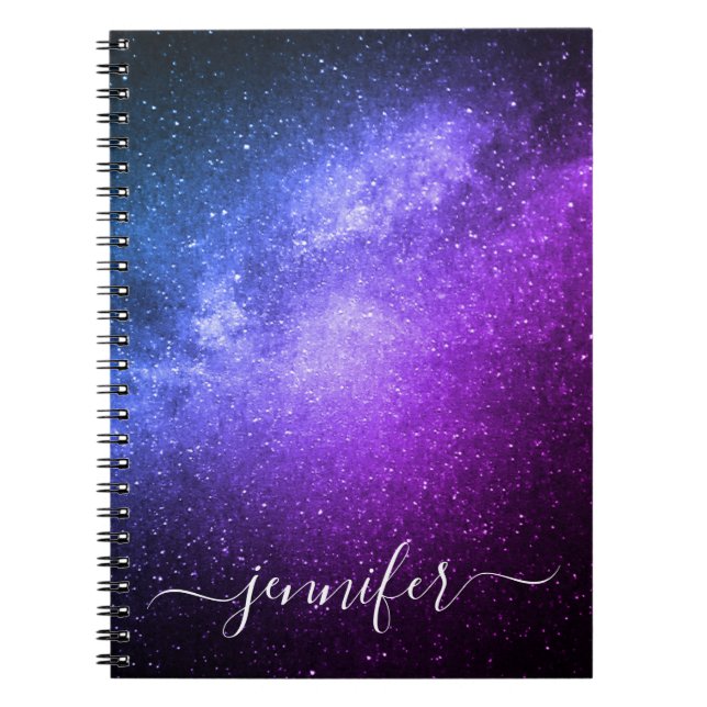 Carnet élégante galaxie bleu violet étoiles personnalisée (Devant)