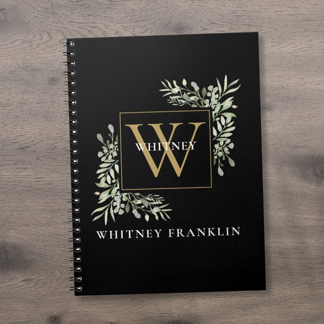 Carnet Élégante verdure d'eucalyptus Monogramme noir or  (Elegant Eucalyptus Greenery Black Gold Monogram Notebook)