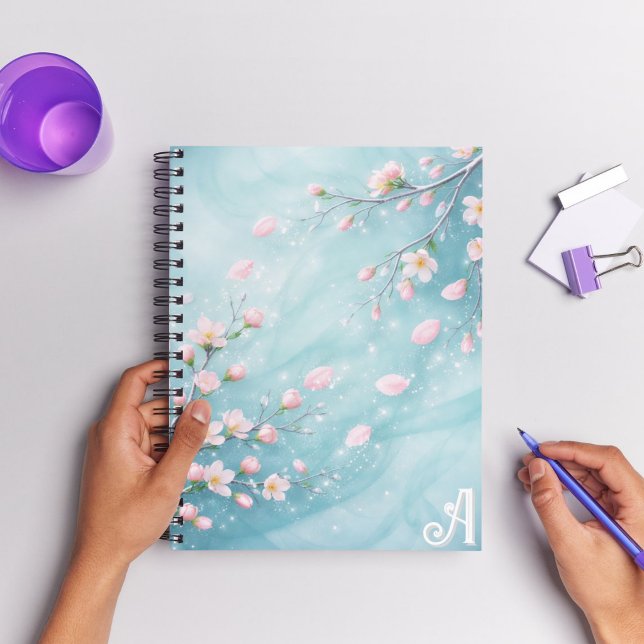 Carnet Élégantes Initiales Fleur de Cerisier Turquoise Ro (Créateur téléchargé)