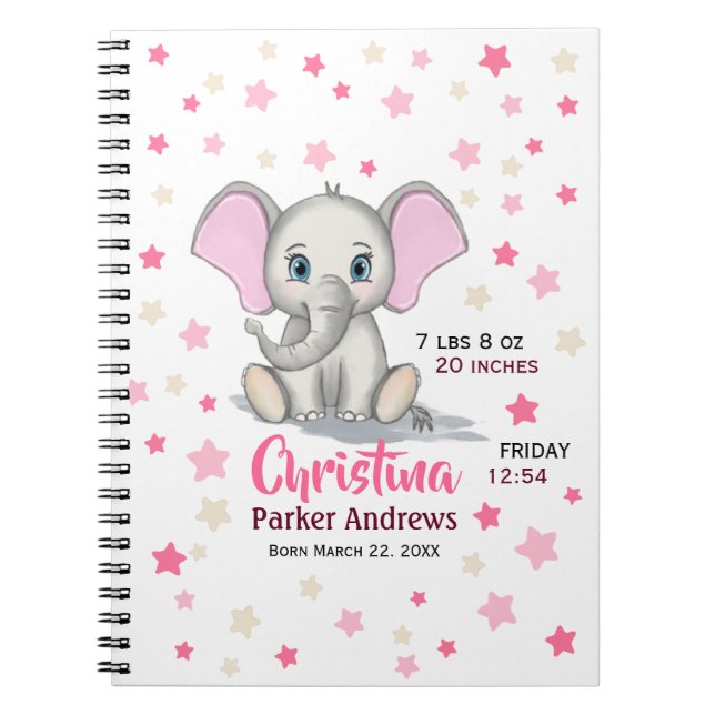 Carnet Eléphant bébé mignon avec oreilles roses statistiq (Devant)