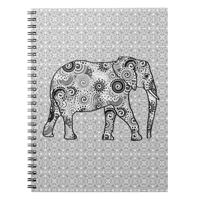 Carnet Éléphant de remous de fractale - gris, noir et (Devant)