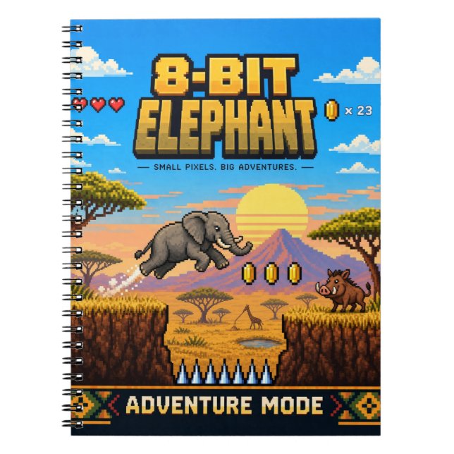 Carnet Éléphant, Rétro Pixel Art 8-Bit (Devant)