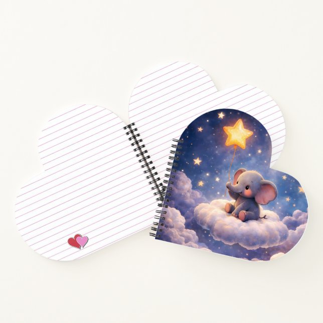 Carnet Éléphant rêveur et lune de minuit cœur en forme de (Intérieur)