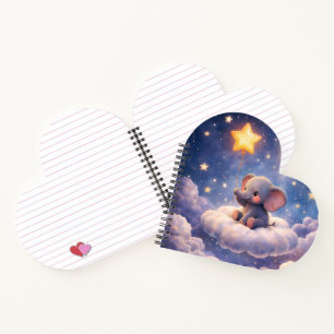 Carnet Éléphant rêveur et lune de minuit forme de coeur s