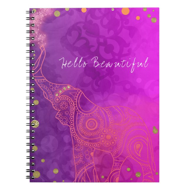 Carnet Éléphant Violet Rose Orange & Or Personnalisé Chic (Devant)