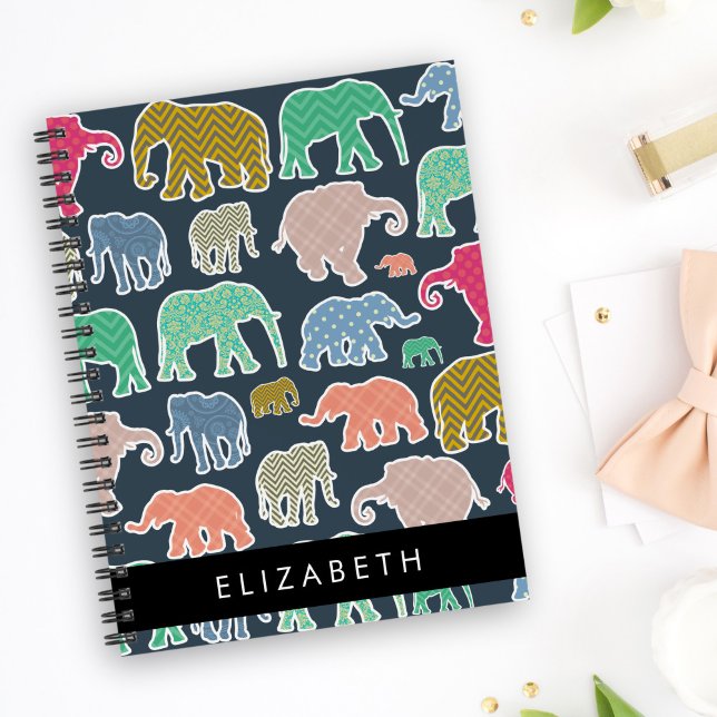 Carnet Eléphants colorés, Motif d'éléphants, Votre nom (Créateur téléchargé)