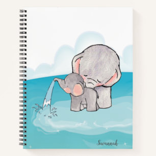 Carnet Eléphants mignons Aquarelle Bleu Nom