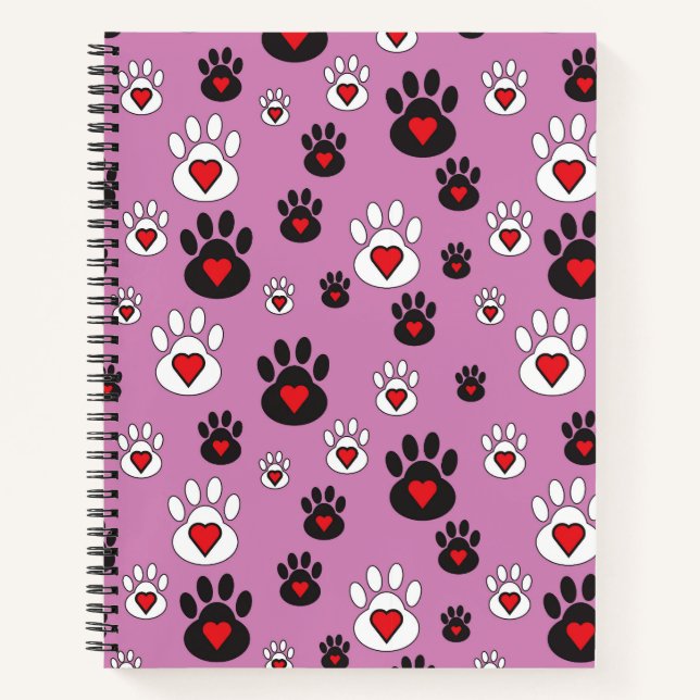 Carnet Empreintes de pattes avec des cœurs rouges sur ros (Devant)