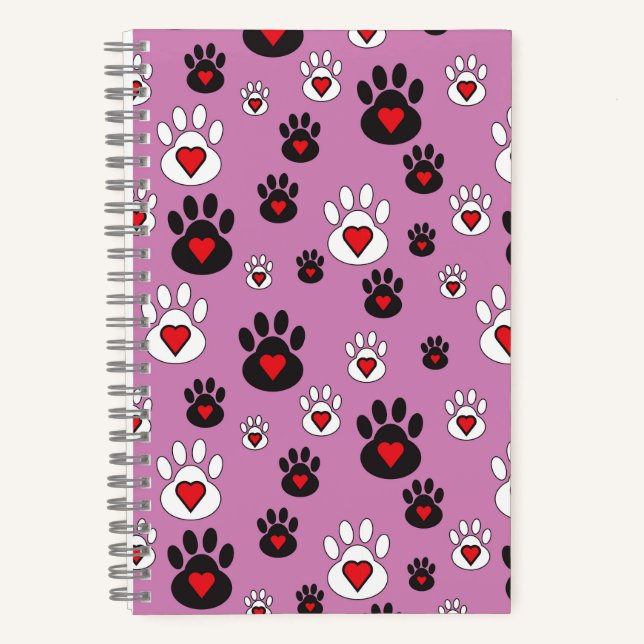 Carnet Empreintes de pattes avec des cœurs rouges sur ros (Recto)