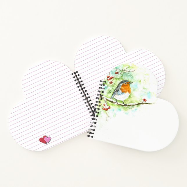 Carnet en forme de coeur avec Robin aquarelle (Intérieur)