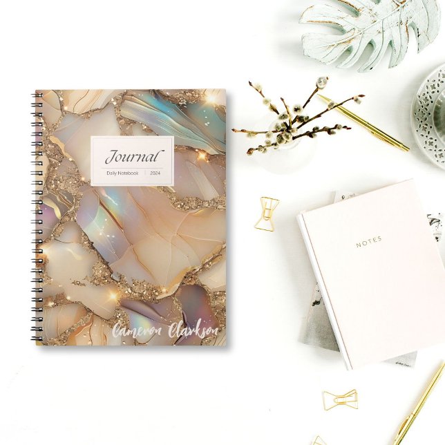 Carnet Encre d'alcool Holographique Beige personnalisable (Turn every page with a sparkle! Personalize your Beige & Gold Holographic Notebook today.)