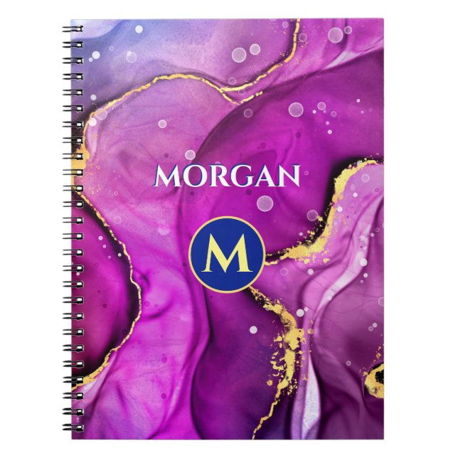 Carnet Encre Liquide Rouge-Violet & Or, Monogramme & Nom (Devant)
