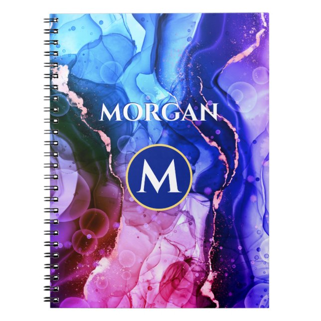 Carnet Encre Liquide Violet Rouge Bleu, Monogramme & Nom (Devant)