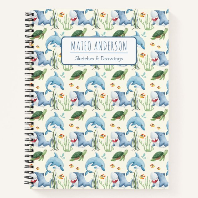 Carnet Enfants Mignons Animaux Marins Aquarelle Nom Perso (Devant)