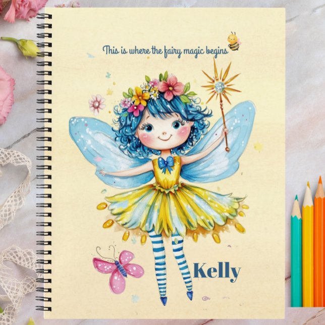 Carnet et journal de fées jaunes personnalisés (Personalized Pastel Yellow Fairy Notebook – Cute Watercolor Fairy Journal for Girls – Custom Name St)