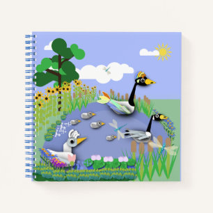 Carnet Etang coloré de style dessin animé avec oies et ca