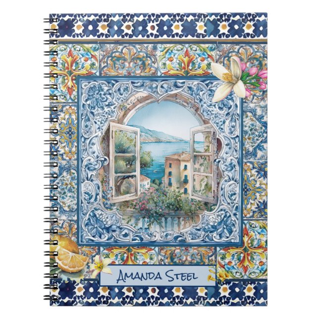 Carnet été italie carreaux bleu floral citrus monogramme (Devant)