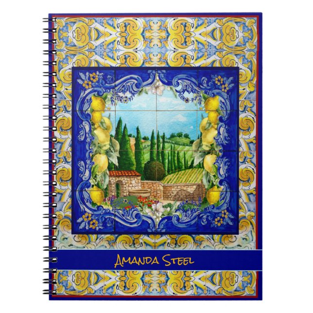 Carnet été italien Majolica bleu tuiles citrus monogramme (Devant)