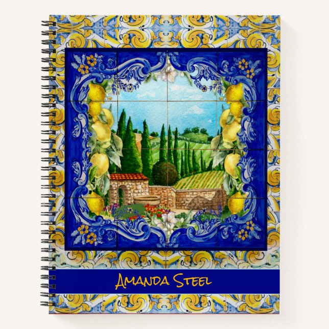 Carnet été italien Majolica bleu tuiles citrus monogramme (Devant)