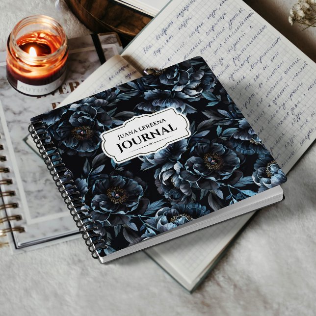 Carnet Étiquette Vintage Midnight Blue Peonies (Dusky peonies bloom across stormy gray, this vintage notebook invites your thoughts to unfold.)