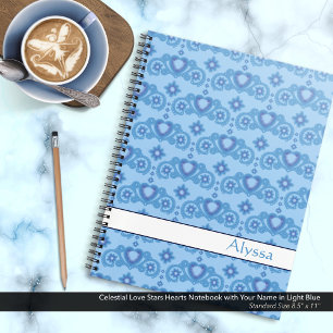 Carnet Étoiles d'amour céleste Coeurs Nom Bleu clair