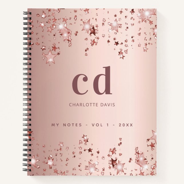 Carnet Étoiles de monogramme rose or blush (Devant)
