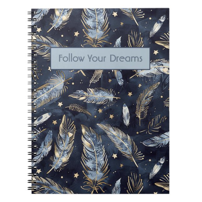 Carnet Étoiles Plumes Or Bleu (Devant)