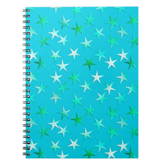 Carnet étoiles satinées, vert pâle et bleu sur turquoise (Devant)
