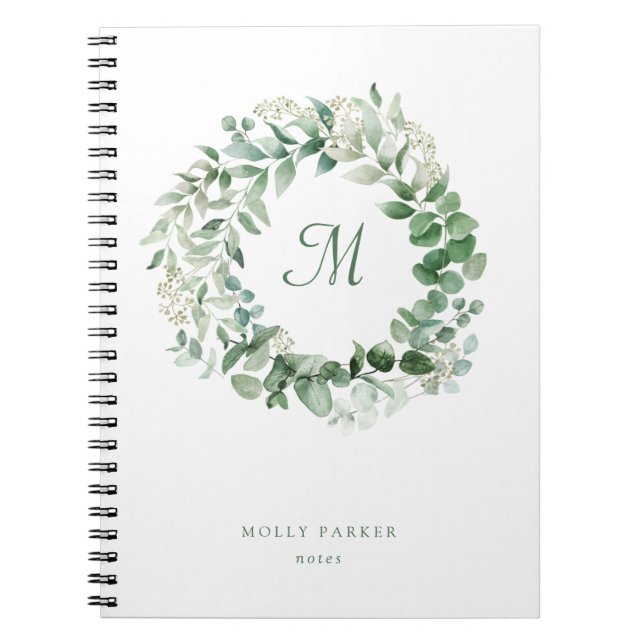 Carnet Eucalyptus délicat | Élégant monogramme aquarelle (Devant)