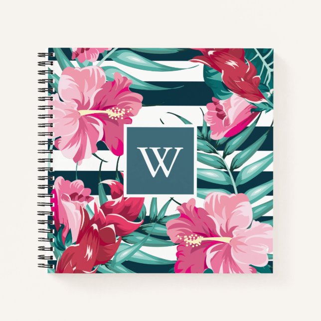 Carnet Exotic Summer Floral design Monogramme rayé (Devant)