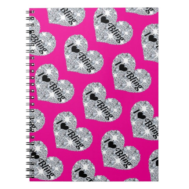 Carnet Fantaisie diamant J'aime bling design sur rose cha (Devant)