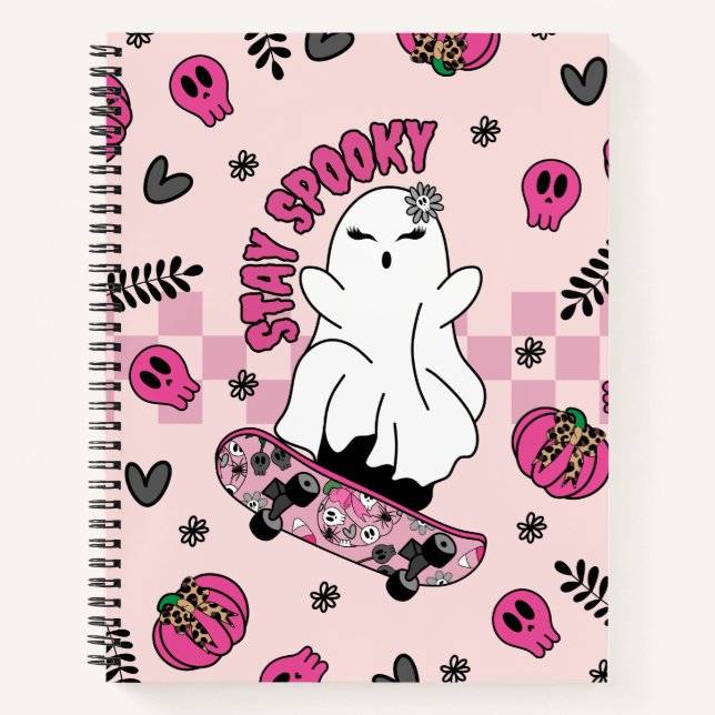 Carnet Fantôme d'Halloween cool sur skateboard rose (Devant)