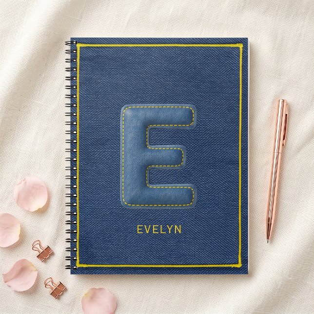 Carnet Faux Denim Bleu 3D Lettre E Monogramme Nom (Créateur téléchargé)