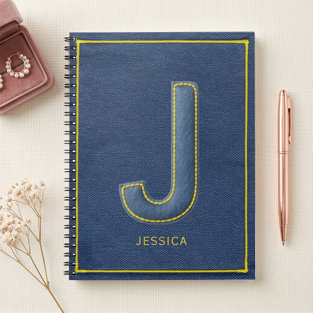 Carnet Faux Denim Jaune Broderie Monogramme J Nom (Créateur téléchargé)