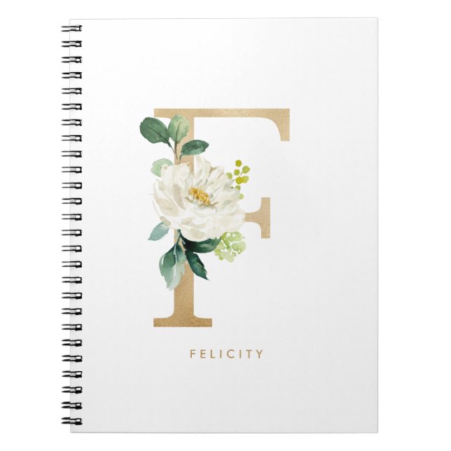 Carnet Faux Gold Foil Fleur blanche F Monogramme (Devant)