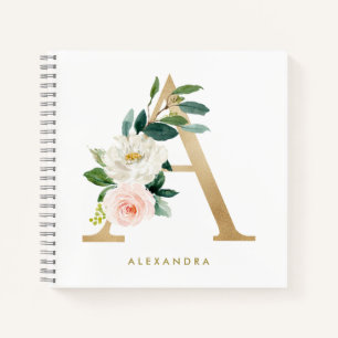Carnet Faux Gold Foil Joli Floral Lettre A Monogramme