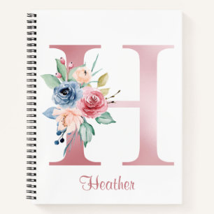 Carnet Faux rose métallisé lettre H monogramme floral blu