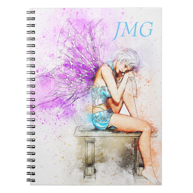 Carnet Fée à l'aquarelle en bleu avec monogramme (Devant)