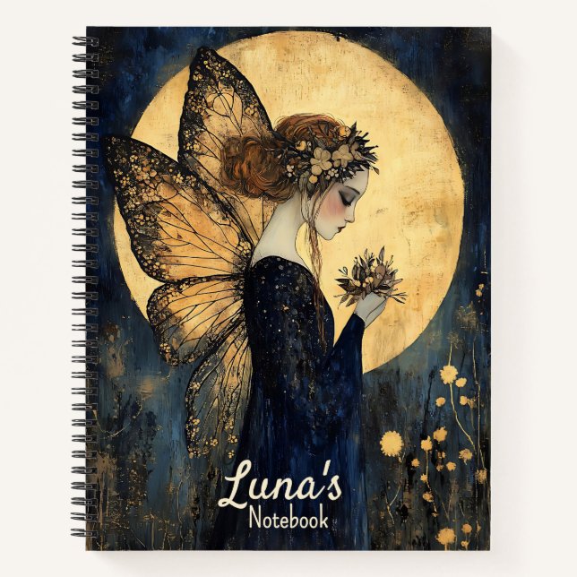 Carnet Fée de nuit magique personnalisée avec Lune d'or (Devant)
