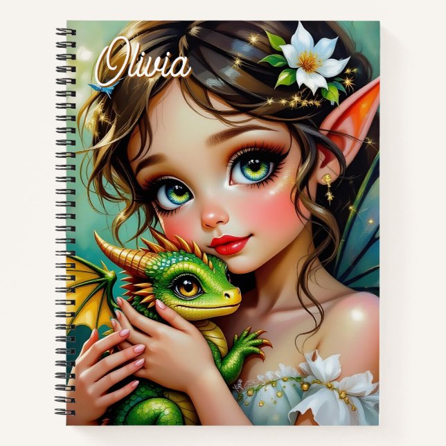 Carnet Fée elfe jolie et dragon personnalisés (Devant)