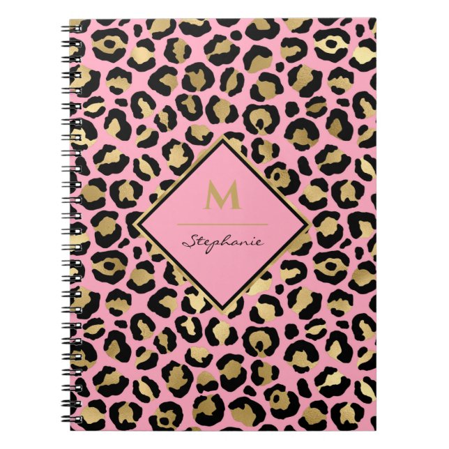 Carnet Féminin Rose Chaud Noir & Or Imprimé Léopard Monog (Devant)