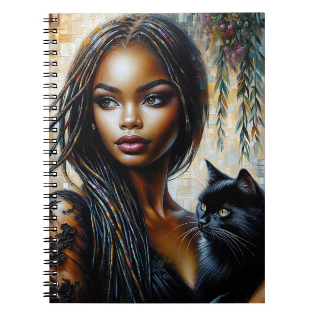 Carnet Femme à peau foncée avec chat noir (Devant)
