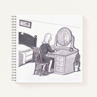 Carnet Femme assise au bureau de la chambre avec miroir é