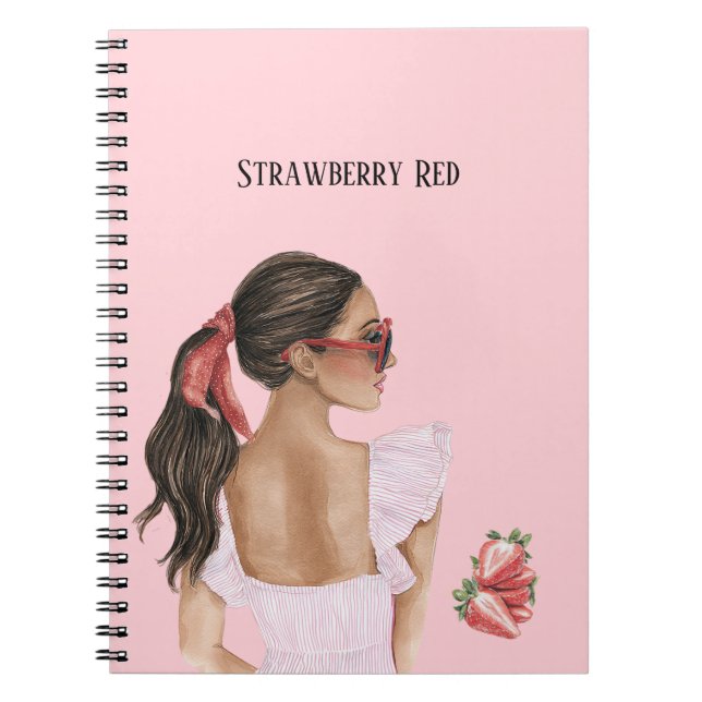 Carnet Femme aux cheveux bruns fraise rouge (Devant)
