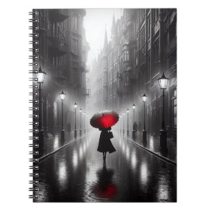 Carnet Femme Avec Un Parapluie Rouge Dans La Pluie