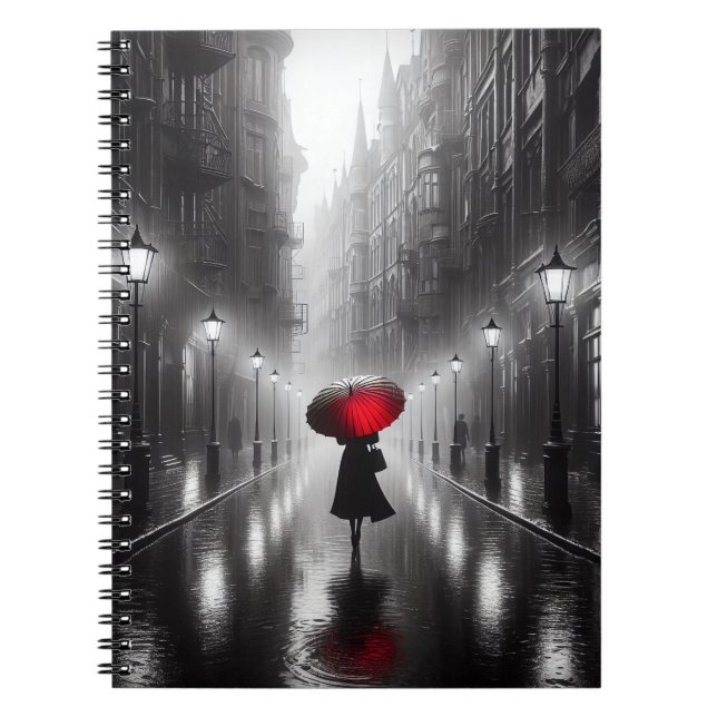 Carnet Femme Avec Un Parapluie Rouge Dans La Pluie (Devant)