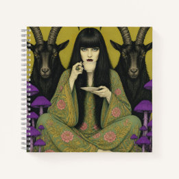 Carnet Femme boit du thé avec deux chèvres noires