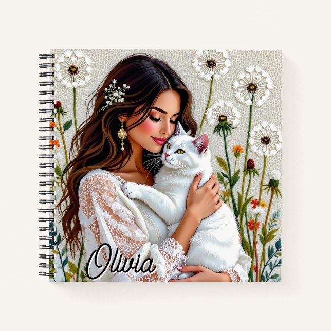 Carnet Femme et chat blanc et pissenlits  (Devant)